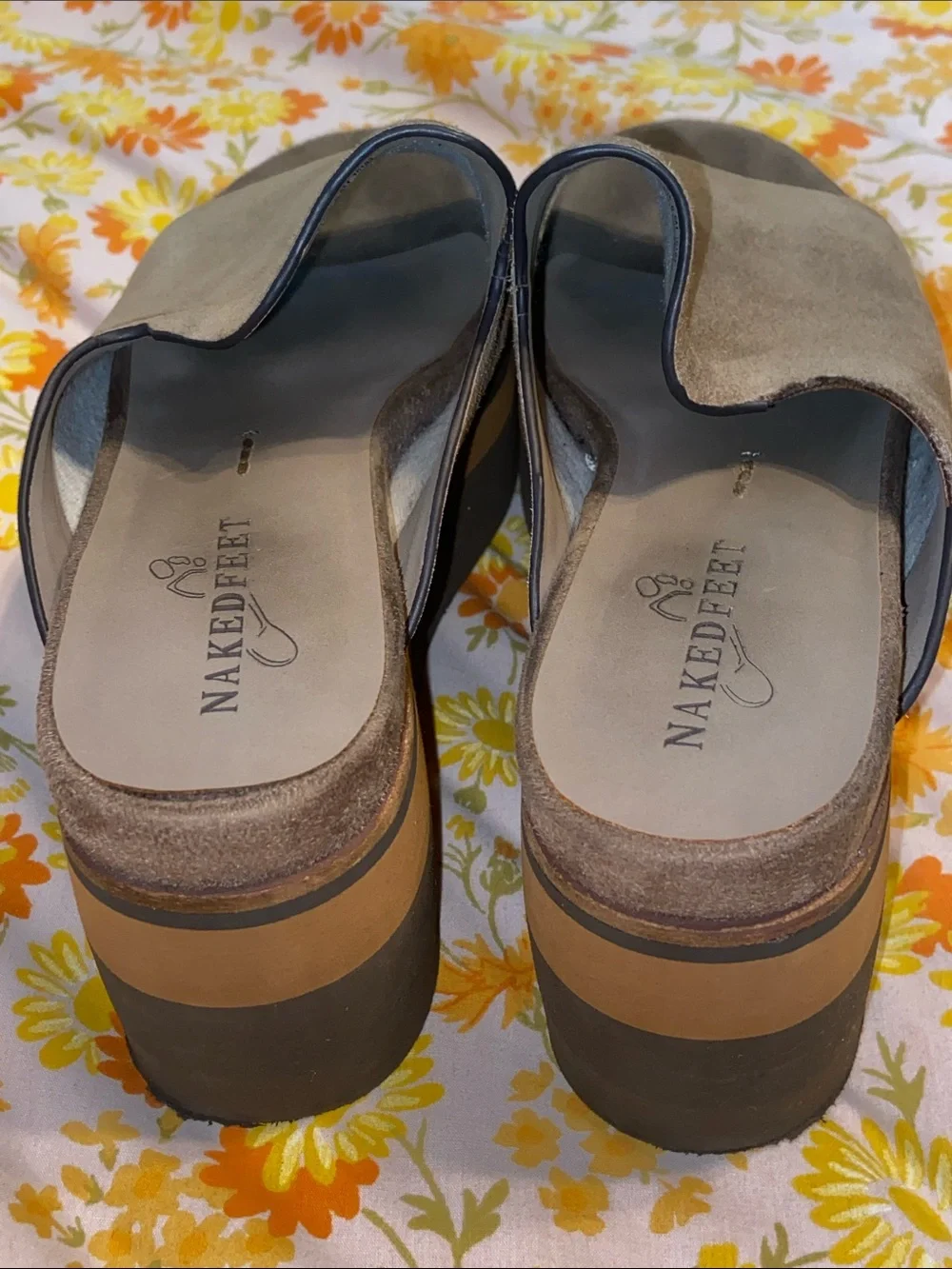 NakedFeet Taupe Suede Platform Slide Sandals